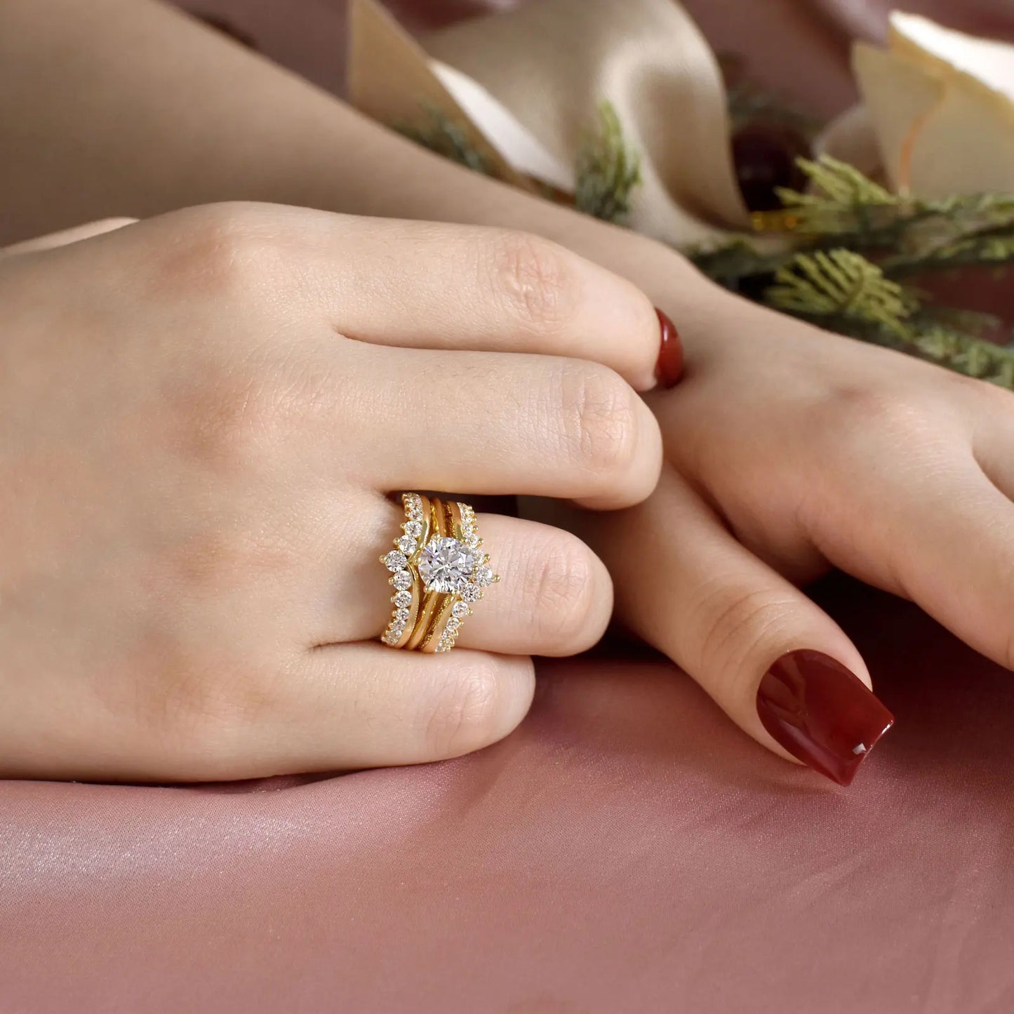 Newshe 14k Yellow Gold Plated Bridal Ring Set for Women 2Ct Round Cut AAAAA Zircon Wedding Engagement Anniversary Band BR1167_Y