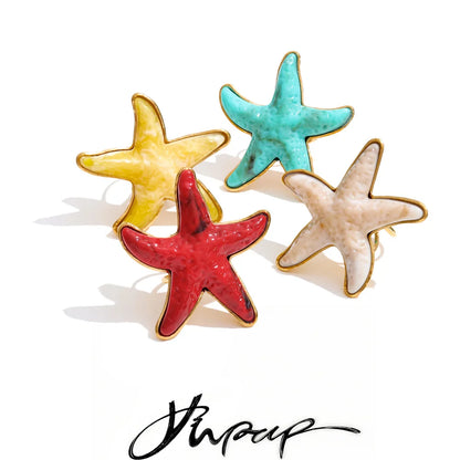 Yhpup 4 Color Ocean Style Acrylic Resin Big Starfish Adjustable Ring Stainless Steel Summer Vacation Jewelry for Women Tropical