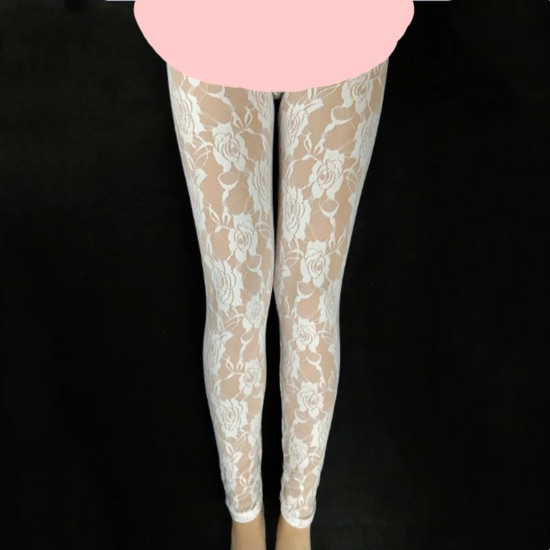 New Retro Sexy Net yarn Lady Rose Lace Elegant Through Leggings Pants Footless Black White Women Summer Skinny Nine Pants