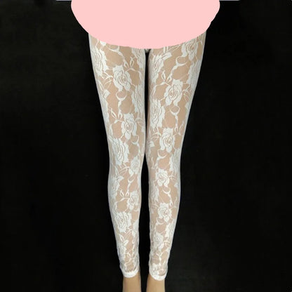 New Retro Sexy Net yarn Lady Rose Lace Elegant Through Leggings Pants Footless Black White Women Summer Skinny Nine Pants