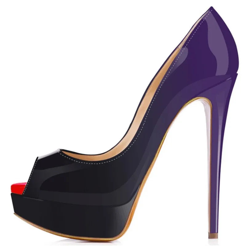 Women Stilettos Sexy Pumps 14cm Extremely Platform Peep Toe High Heels Patent Leather Party Nighclub Dress Red Wedding Shoes