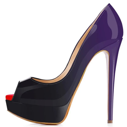 Women Stilettos Sexy Pumps 14cm Extremely Platform Peep Toe High Heels Patent Leather Party Nighclub Dress Red Wedding Shoes