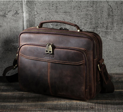 CONTACT'S Crazy Horse Leather Men Messenger Bag Vintage Man Crossbody Bag Handbags Large Capacity Male Shoulder Bags Bolsos