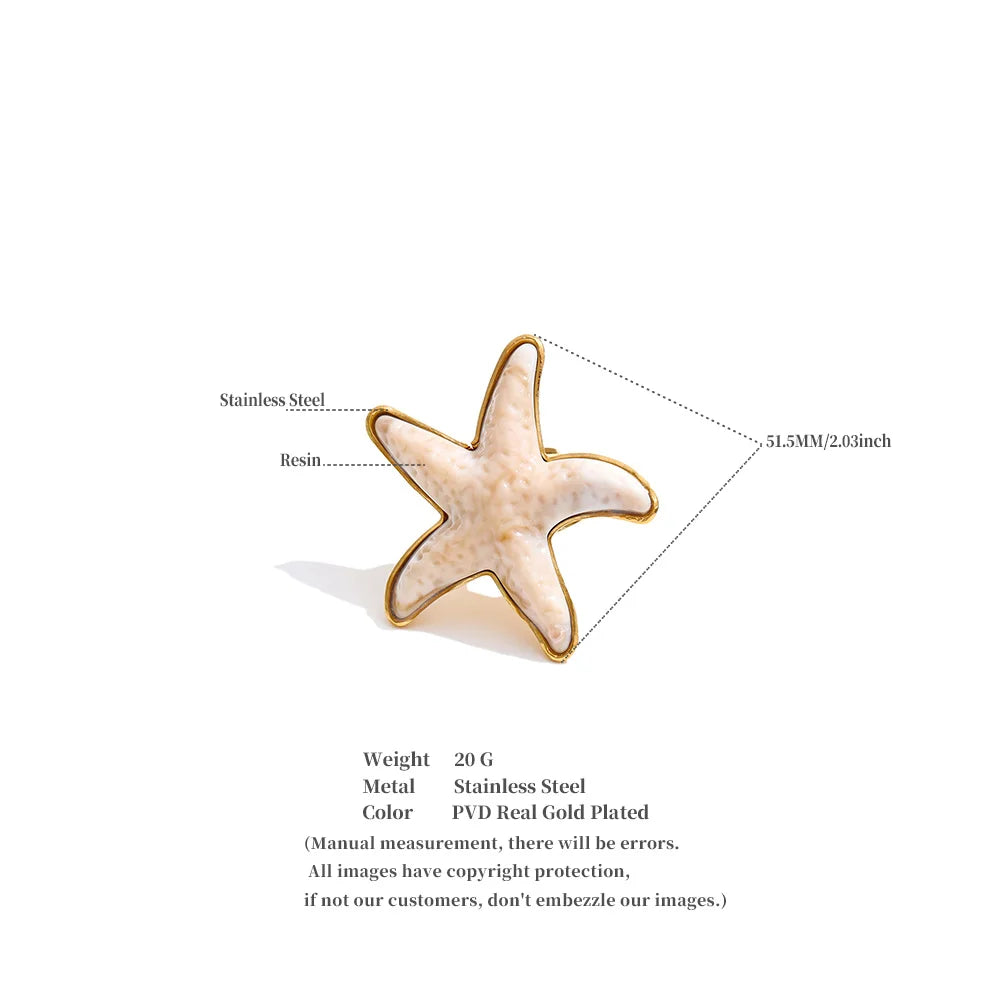 Yhpup 4 Color Ocean Style Acrylic Resin Big Starfish Adjustable Ring Stainless Steel Summer Vacation Jewelry for Women Tropical