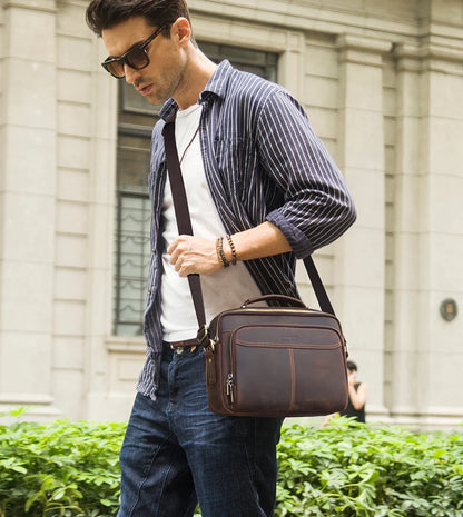 CONTACT'S Crazy Horse Leather Men Messenger Bag Vintage Man Crossbody Bag Handbags Large Capacity Male Shoulder Bags Bolsos