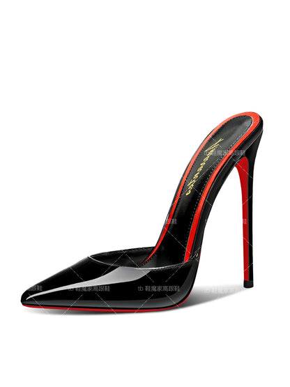 2025 New Style Baotou Sandals for Women, 12cm Pointed Red Bottom High Heels, Ultra fine Heels, Half Slippers for External Wear