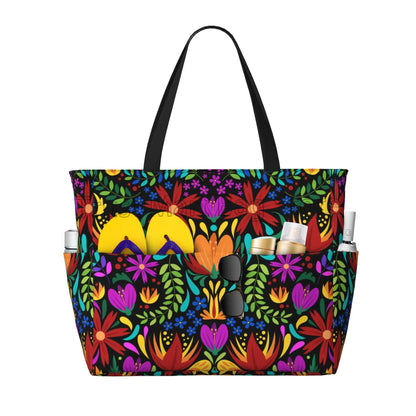 Mexican Flower Waterproof  Beach Tote Pool Bags for Women Ladies Extra Large Gym Tote Carry on Bag for Weekender Travel Swim