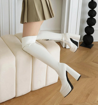 Women Patent Leather Over The Knee Platform Boots Black White Red Double Layer Block Heel Thigh High Boots Plus Size 34-48 23-06
