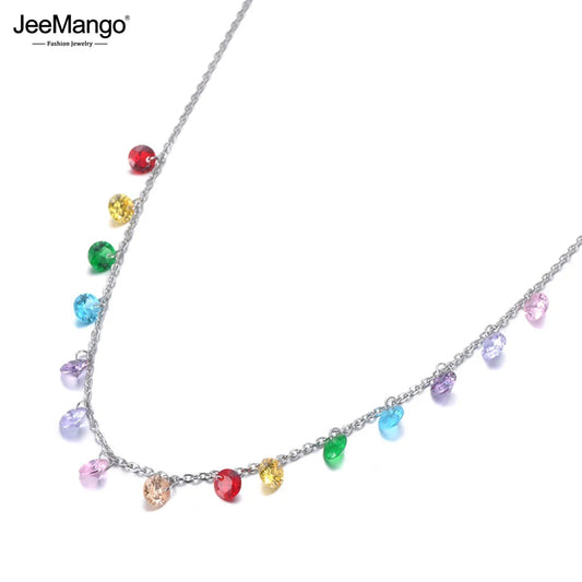 JeeMango Fashion Bohemia Stainless Steel Colorful CZ Crystal Choker Necklace Summer Beach Pendant Necklace For Women JN19125