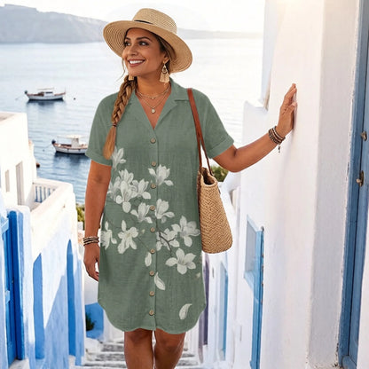 Women's Linen Shirt Dress Chinese Style Flower Womens Dress Summer Button-Down Shirt Dress Loose A-Line Midi Shift Tunic Dress