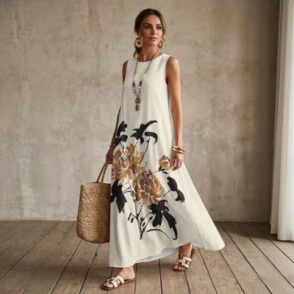 Imitation Linen Loose Vest Long Skirt Elegant Floral Summer Dresses for Women Line Sleeveless Sundresses with Pockets