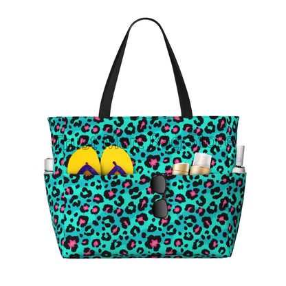 Leopard Print Large Waterproof Beach Bag for Women Sandproof Tote Bag Pool Bag with Zipper and Pockets for Travel Vacation Gym