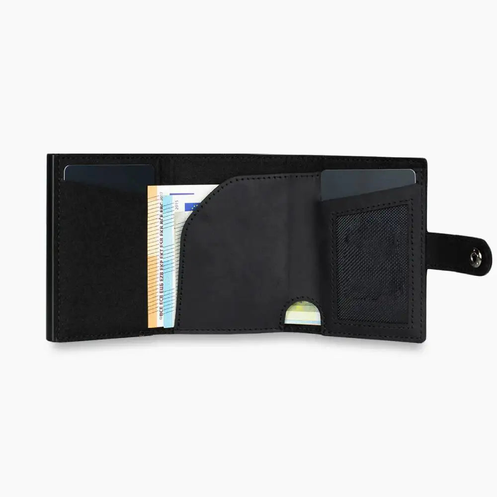 Casekey Men Credit Metal Card Holder RFID Blocking Minimalist Crazy Horse Genuine Leather Pop Up Trifold Wallet with Coin Purse