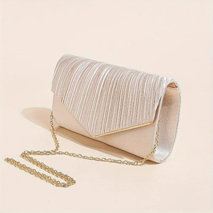 Champagne Pleated Envelope Clutch, Elegant Evening Crossbody Bag with Gold Chain Strap Detachable, for Wedding Formal Events