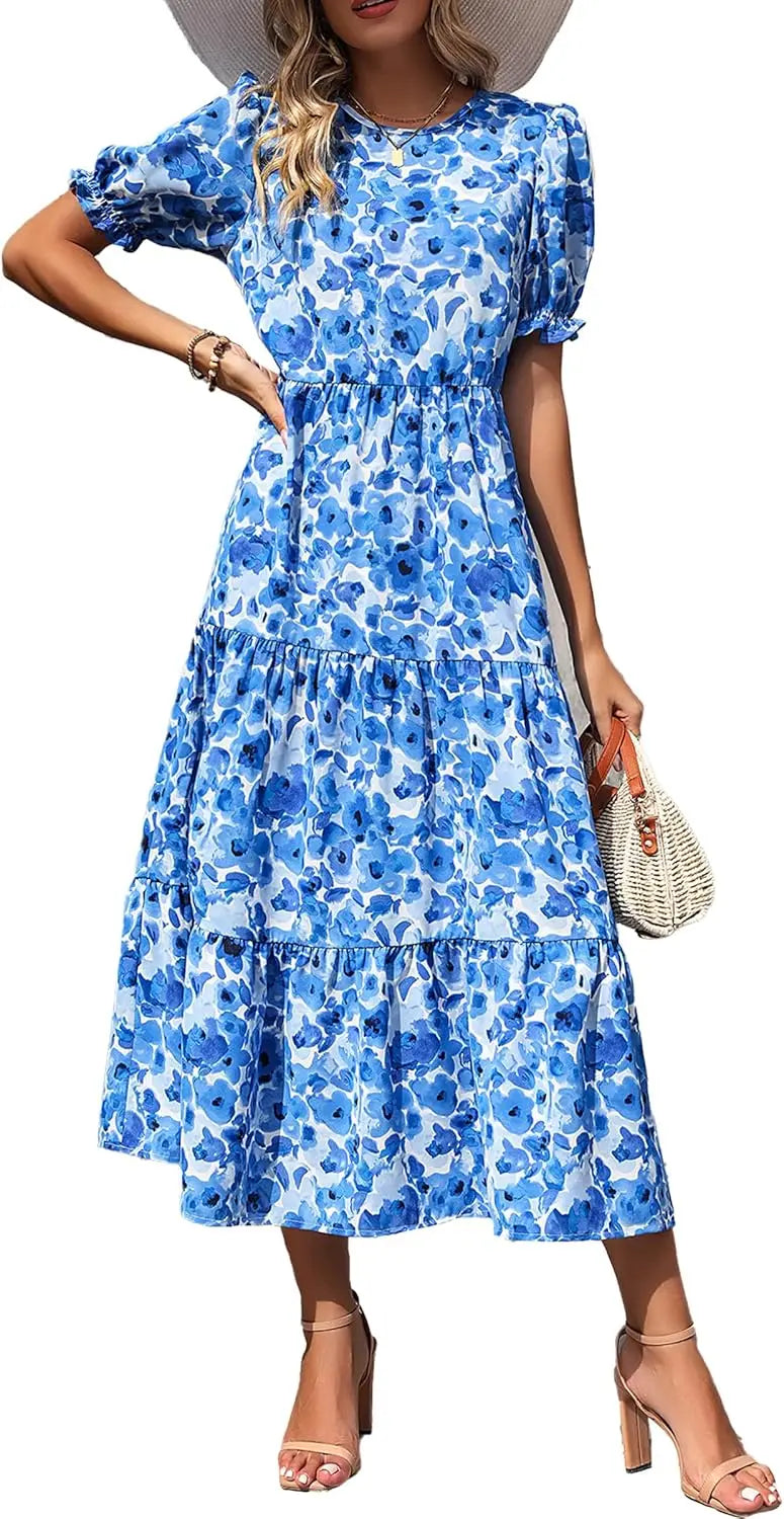 Summer Dresses for Women 2026 Casual Floral Boho Midi Sun DrPuff Short Sleeve Flowy Beach Vacation Sundress