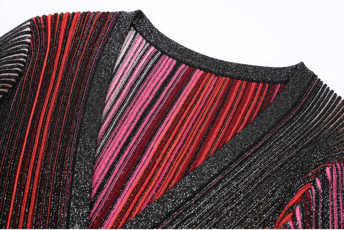 ZJYT Europe Fashion Summer Striped Pleated Knitted Dresses for Women Elegant V Neck Short Sleeve Midi Vintage Holiday Dress 2026