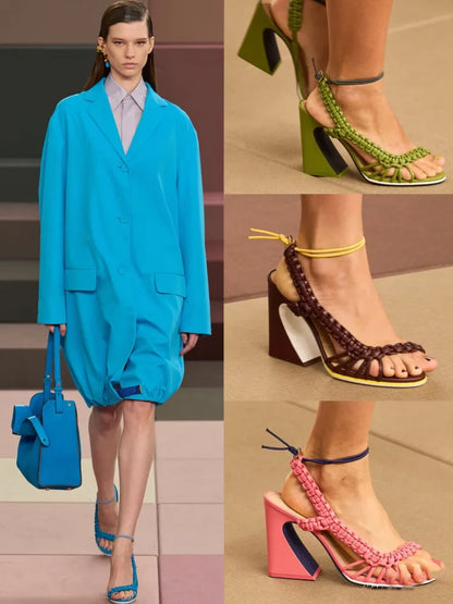 2026European and American Summer Women's Coarse High-heeled Woven Sandals Fashion Runway Plus Women's Sandals