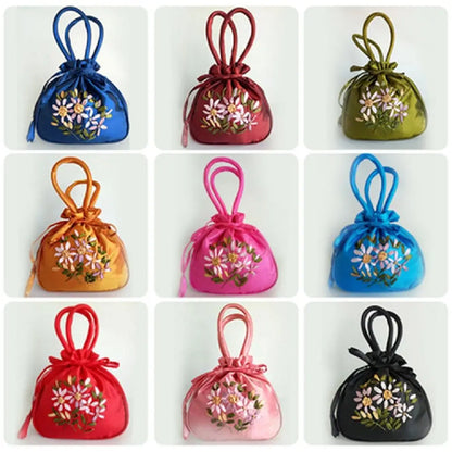 Satin Silk Hanfu Drawstrings Bag Leaf Ethnic Style Embroidery Flower Handbag Cosmetic Makeup Bag Mommy Bag Small Purse Wallet