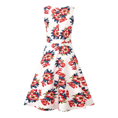 Summer Woman Printing Sleeveless Long Dress Vintage Dress Casual A-Line Beach Print Dress