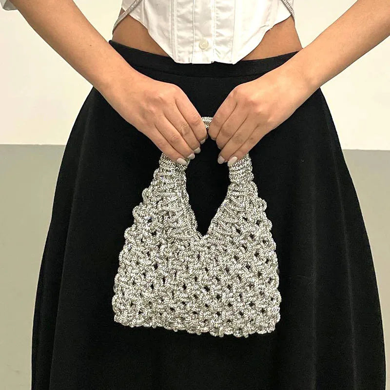 Circular Hollow Out Evening Clutch Party Bag For Women Luxury Designer Handbag New Fashion Shiny Rhinestones Shoulder Crossbody