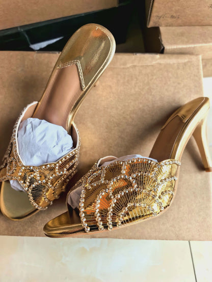 2026 New Gold Pineapple Sexy Rhinestone Fine High Heel Sandals Women's Outdoor Wear Glamorous Lady Executive Plus Size Slippers