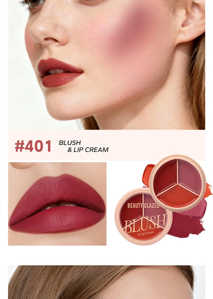 3-color blush palette-cream 2-in-1 multifunctional facial lip makeup, berry, pink, red waterproof