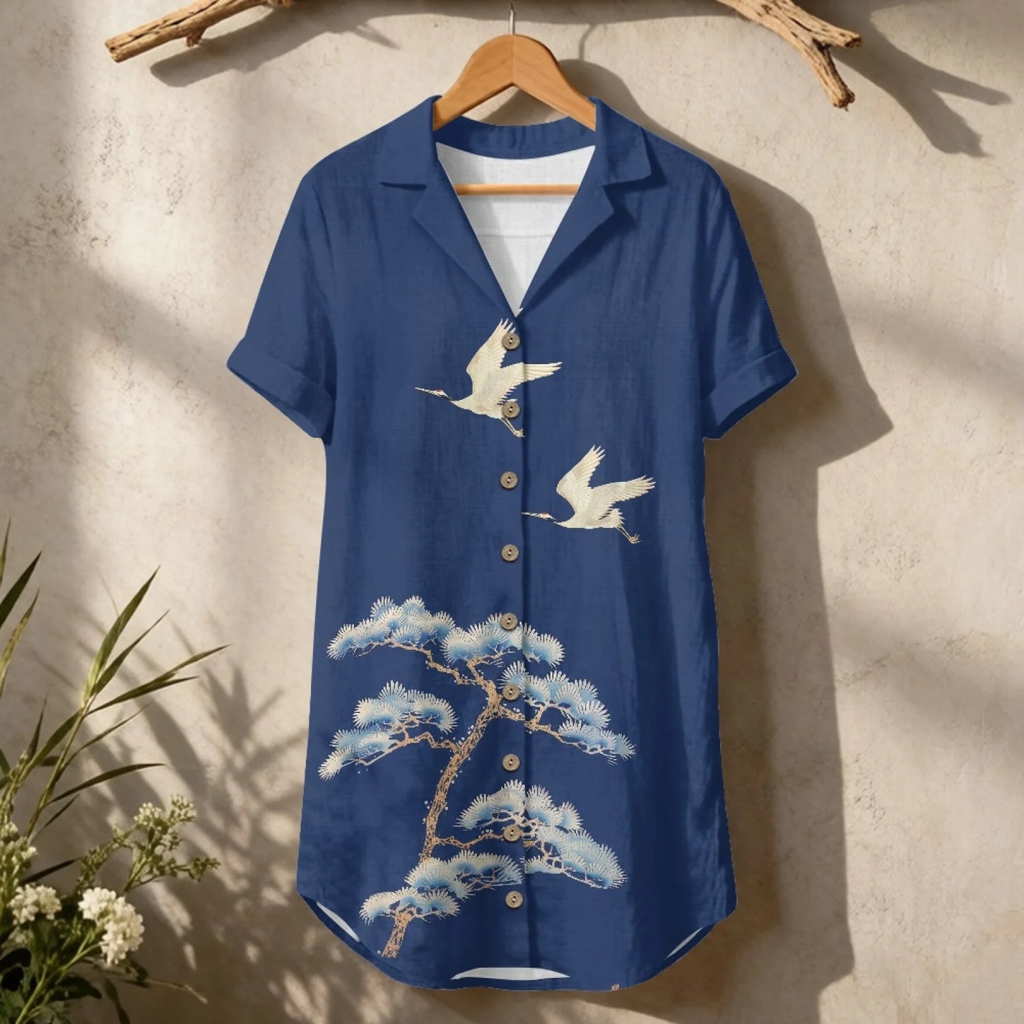 Women's Linen Shirt Dress Chinese Style Flower Womens Dress Summer Button-Down Shirt Dress Loose A-Line Midi Shift Tunic Dress