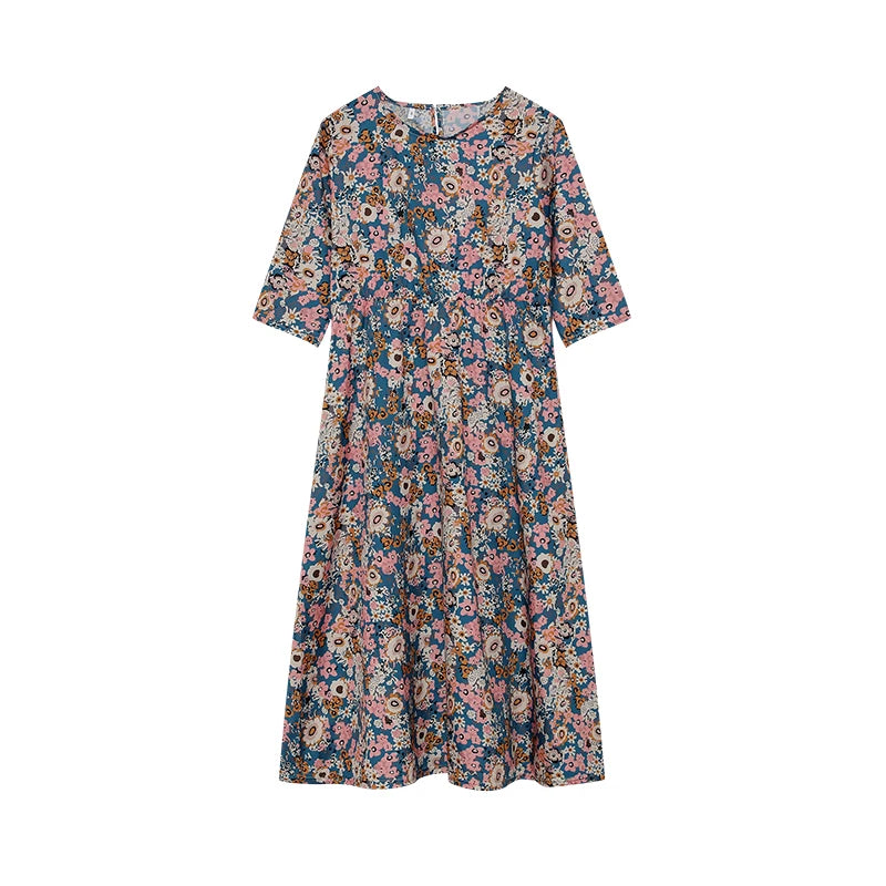 Women's Spring/Summer round Neck Pullover Dress with Pockets Middle Sleeve Loose Casual Print Midi Length