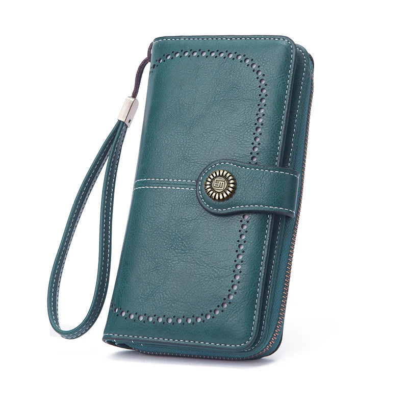 Vintage Large Capacity Women's Purse, Monochromatic, Multi-card, Long Wallet, Multi-function Zipper Strap, Wrist Strap, New
