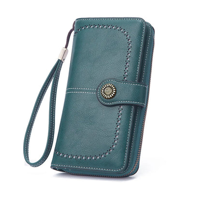 Vintage Large Capacity Women's Purse, Monochromatic, Multi-card, Long Wallet, Multi-function Zipper Strap, Wrist Strap, New