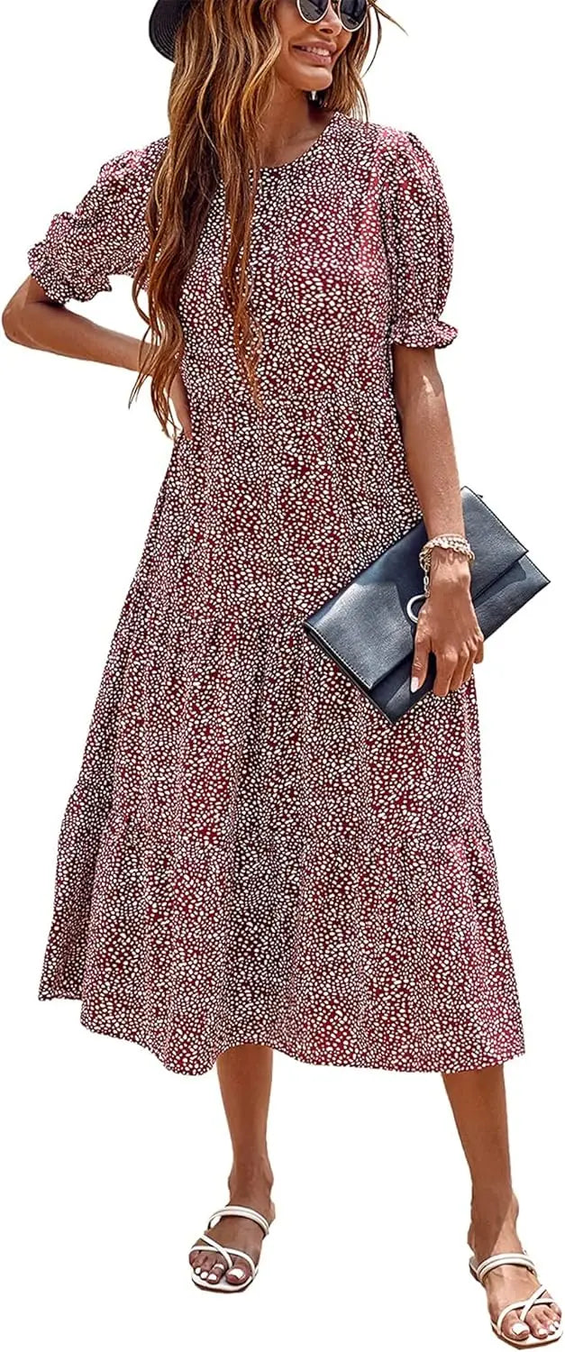 Summer Dresses for Women 2026 Casual Floral Boho Midi Sun DrPuff Short Sleeve Flowy Beach Vacation Sundress