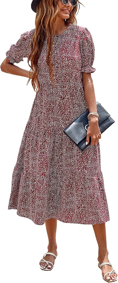 Summer Dresses for Women 2026 Casual Floral Boho Midi Sun DrPuff Short Sleeve Flowy Beach Vacation Sundress