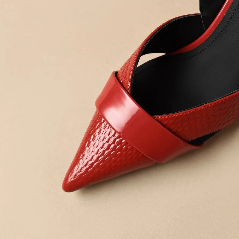 【JOCHEBED HU】Brand Genuine Leather Pointed Toe Slingback Kitten Heel Sandals Women Stiletto High Heels Summer Designer Party