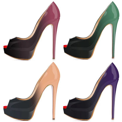 Women Stilettos Sexy Pumps 14cm Extremely Platform Peep Toe High Heels Patent Leather Party Nighclub Dress Red Wedding Shoes