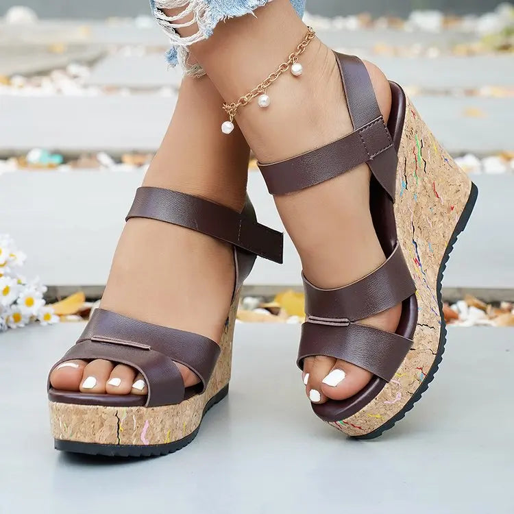 Women's Silver Chunky Platform Sandals 2026 Summer Cork Thick Sole Wedge Sandals Woman Plus Size 43 Pu Leather Casual Shoes