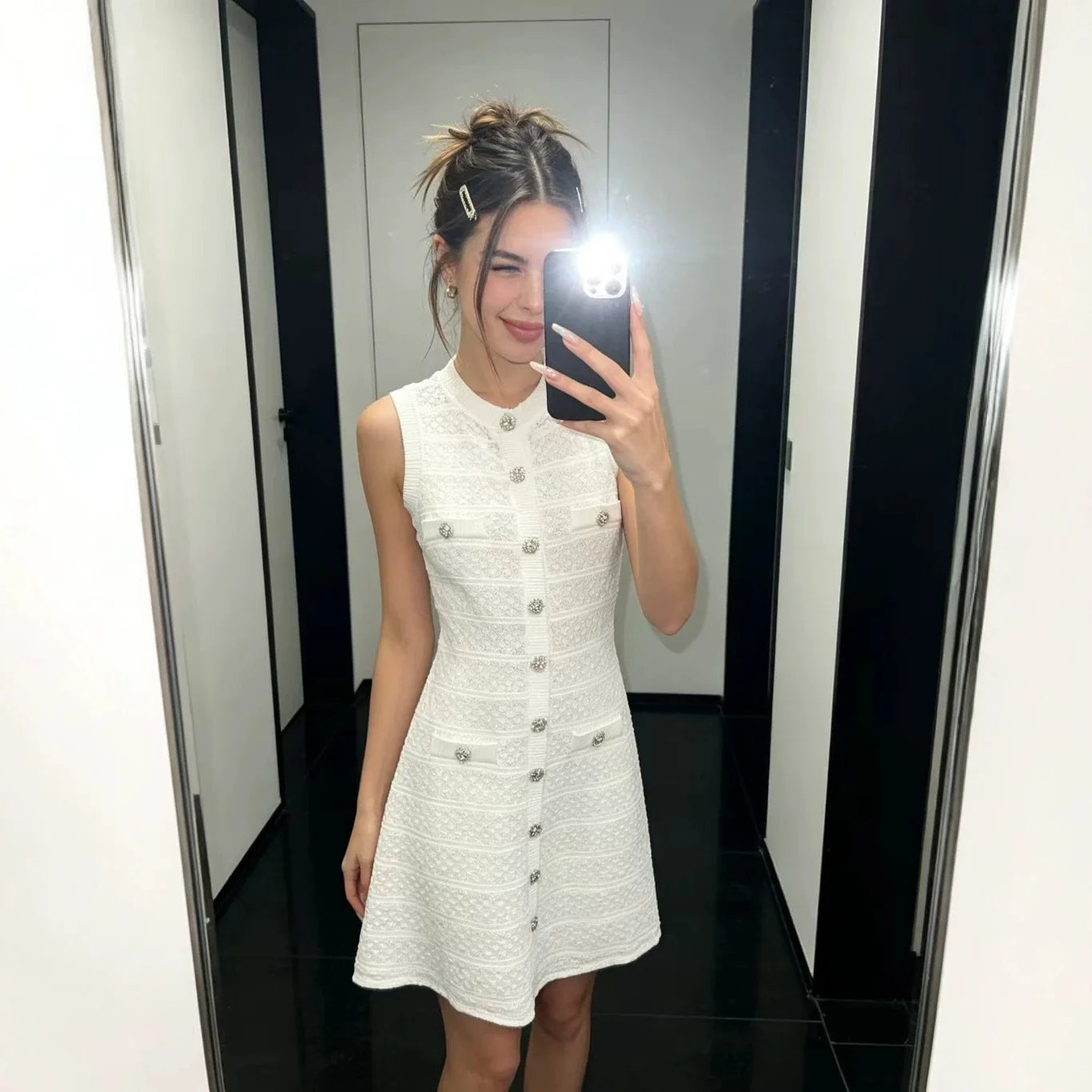 ZJYT New Summer Women's Sleeveless Knit Dress Elegant Sweet Pink Casual Party Mini Short Dresses Female Knitwears with Buttons