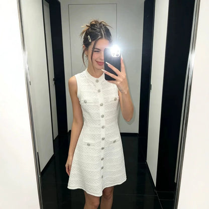 ZJYT New Summer Women's Sleeveless Knit Dress Elegant Sweet Pink Casual Party Mini Short Dresses Female Knitwears with Buttons