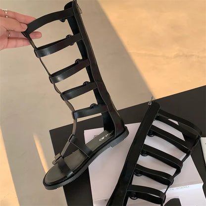 Knee High Summer Boots Gladiator Rome Sandals Mid-Calf Boots Booties Open Toe Strappy T-tied Strap Flat Heel Shoes Girl Women