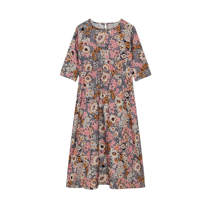Women's Spring/Summer round Neck Pullover Dress with Pockets Middle Sleeve Loose Casual Print Midi Length