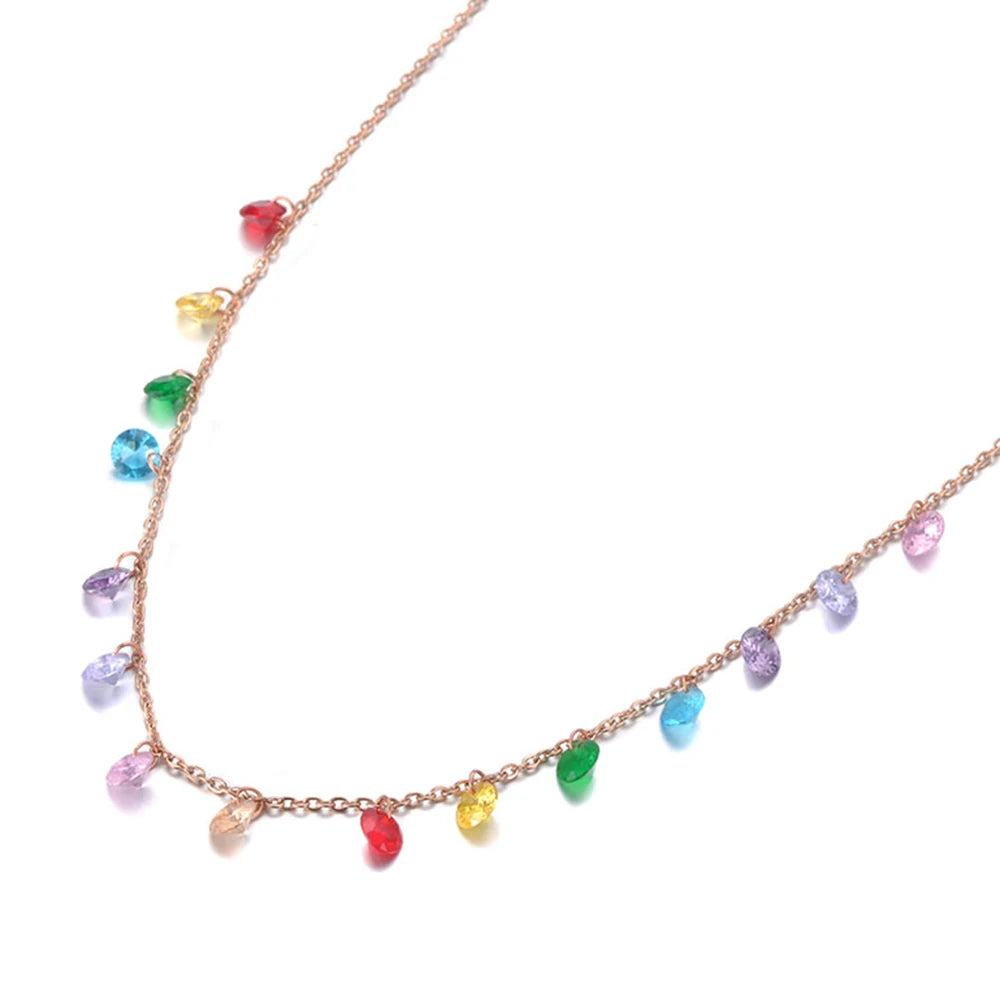 JeeMango Fashion Bohemia Stainless Steel Colorful CZ Crystal Choker Necklace Summer Beach Pendant Necklace For Women JN19125