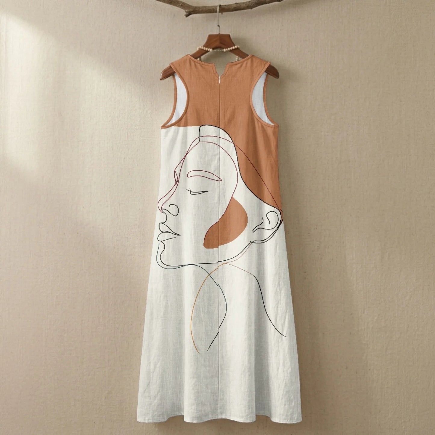 Imitation Linen Loose Vest Long Skirt Artistic Portrait Print O-neck Sleeveless Dress Comfortable Summer Dresses for Women
