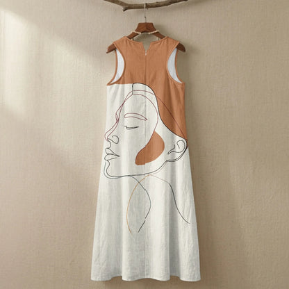 Imitation Linen Loose Vest Long Skirt Artistic Portrait Print O-neck Sleeveless Dress Comfortable Summer Dresses for Women