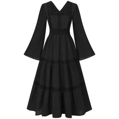 2025 New Beige Halloween/Christmas Square Neck Lace Trim Bell Sleeve Dress for Women, Halloween/Christmas COS Costumes Long Sirt