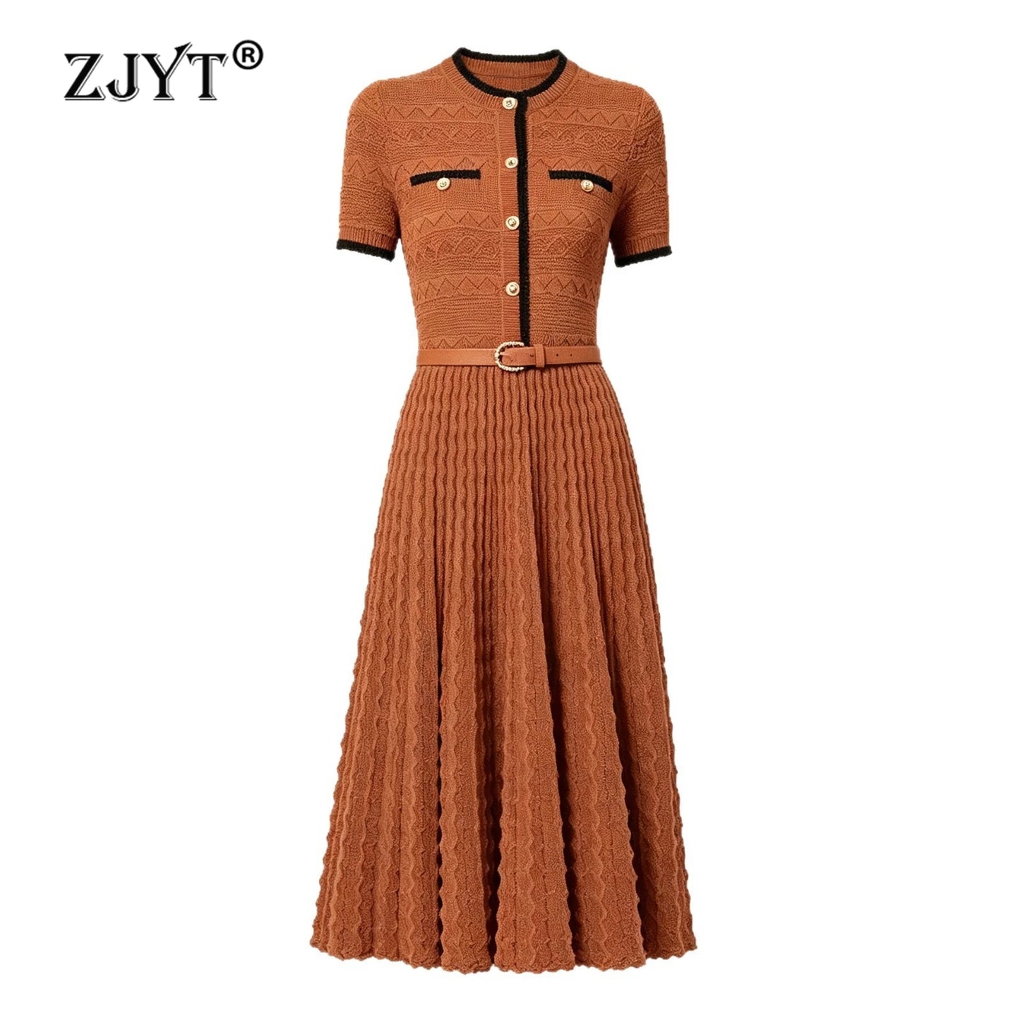 ZJYT Summer New 2026 Fashion Women's Knitted Dress Sweaters Elegant Short Sleeve Mid Calf Casual Holiday Dresses Female Vestido