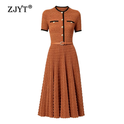 ZJYT Summer New 2026 Fashion Women's Knitted Dress Sweaters Elegant Short Sleeve Mid Calf Casual Holiday Dresses Female Vestido