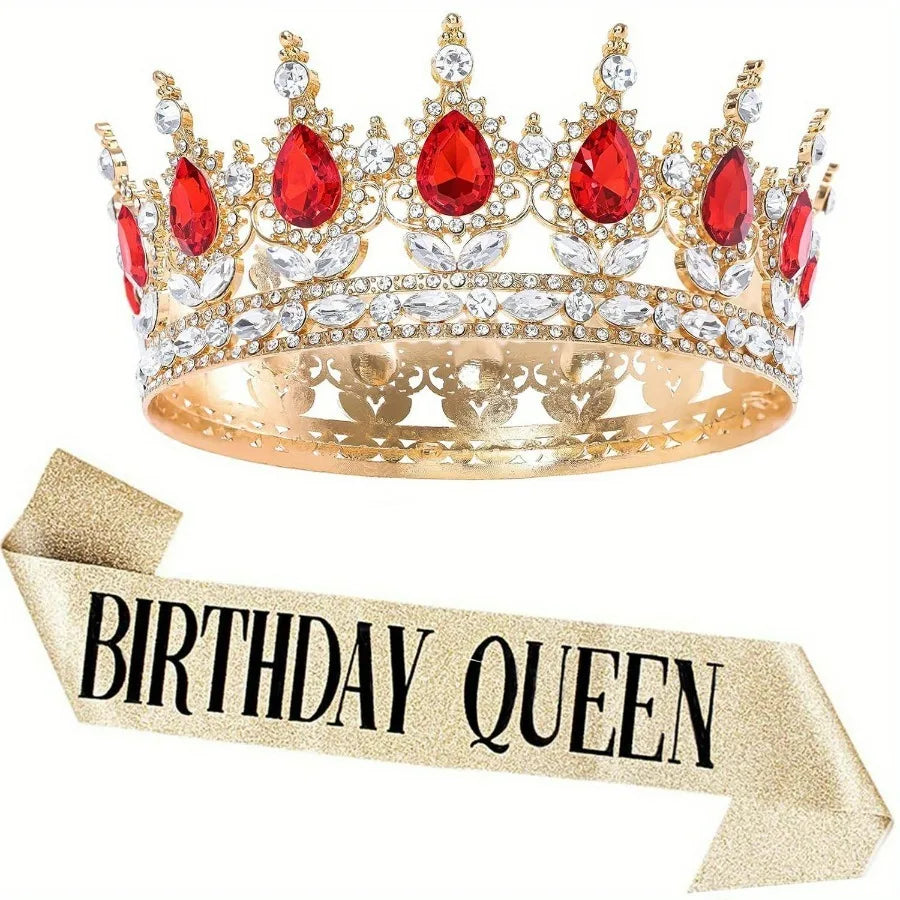 Bling Rhinestones Birthday Party Kit Tiara Crown Queen Sash Women Girl Happy Birthday Hair Accessories Prom Gifts Decorations