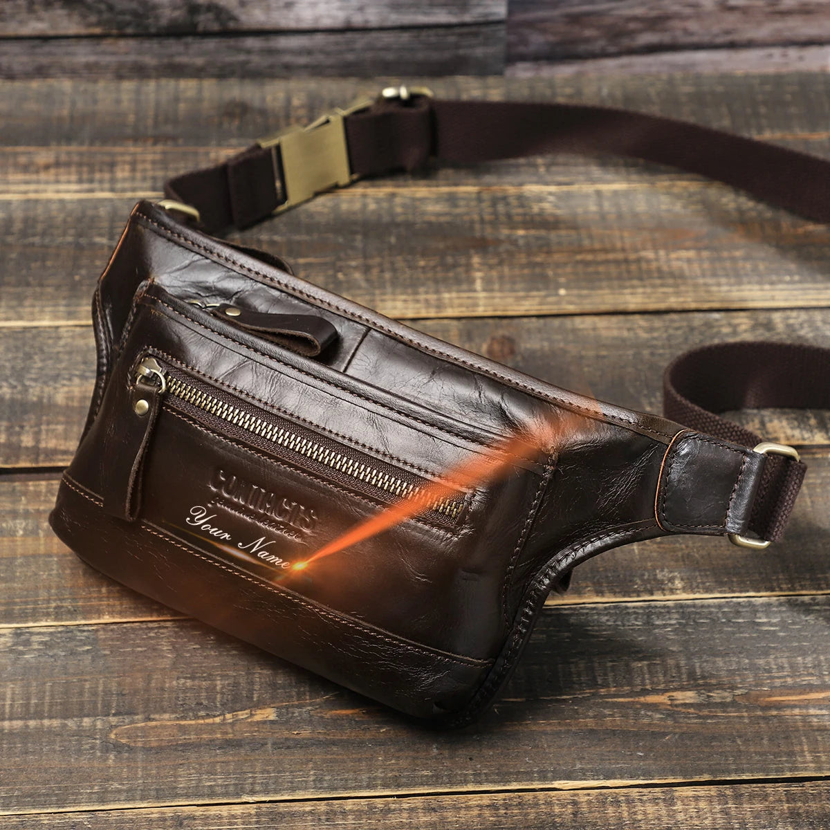 CONTACT'S Genuine Leather Waist Bags for Men Customize Waist Packs Crossbody Bag Phone Pocket Name Engraving Male Travel Bags