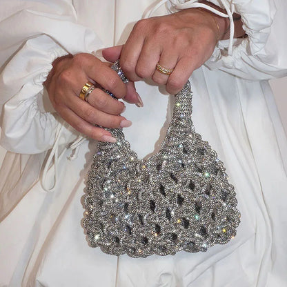 Circular Hollow Out Evening Clutch Party Bag For Women Luxury Designer Handbag New Fashion Shiny Rhinestones Shoulder Crossbody