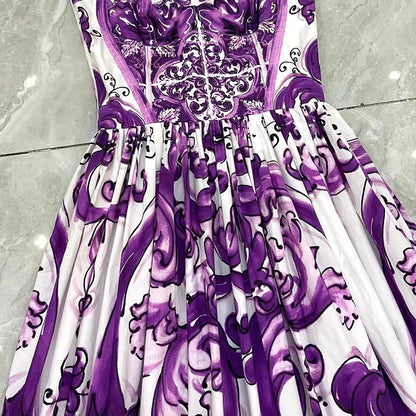 Seifrmann Baroque print Slim Ball Gown Dress Spaghetti Strap Backless Pleated Splicing Casual Holiday A-Line Cotton Dresses