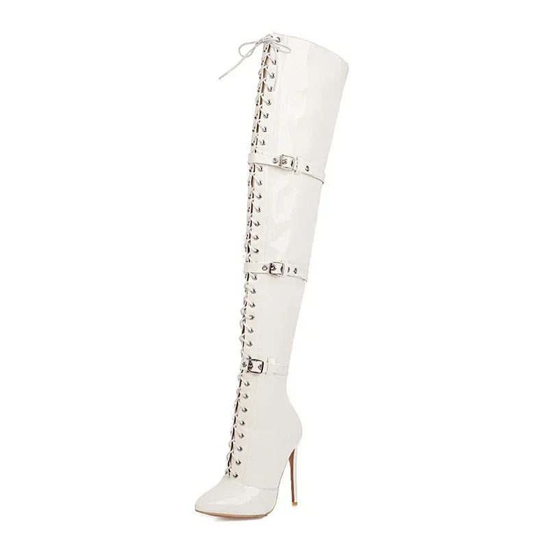 Women Sexy Cross Tied Thigh High Boots Pointed Toe Thin High Heels Over The Knee Boots Patent Leather Shoes Woman 33-46
